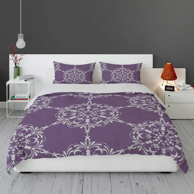 Abstract Silver Floral Damask On Purple Bedding Set 1