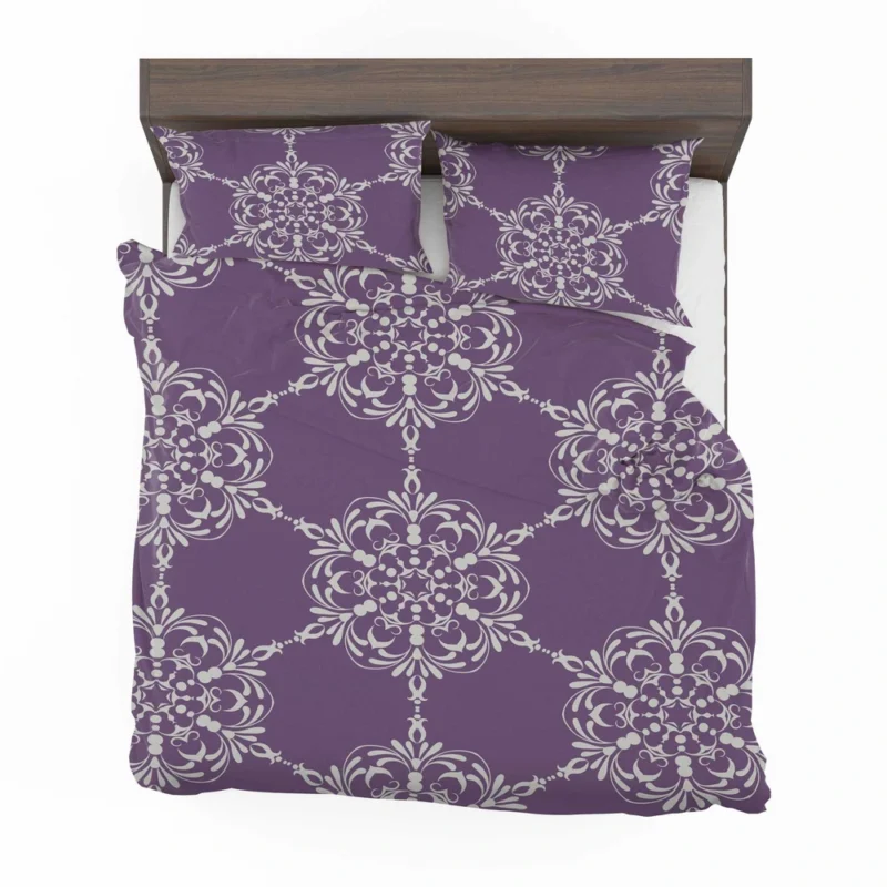 Abstract Silver Floral Damask On Purple Bedding Set 2