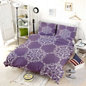 Abstract Silver Floral Damask On Purple Bedding Set