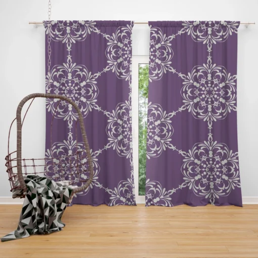 Abstract Silver Floral Damask On Purple Curtain