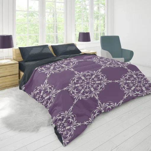 Abstract Silver Floral Damask On Purple Duvet Cover 1