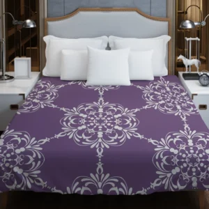 Abstract Silver Floral Damask On Purple Duvet Cover