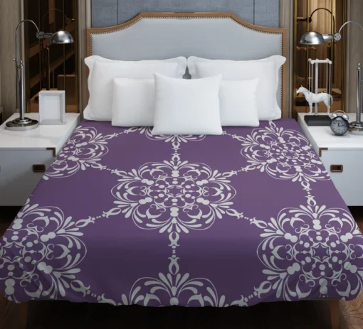 Abstract Silver Floral Damask On Purple Duvet Cover