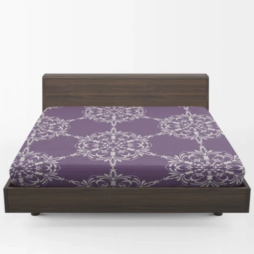 Abstract Silver Floral Damask On Purple Fitted Sheet 1