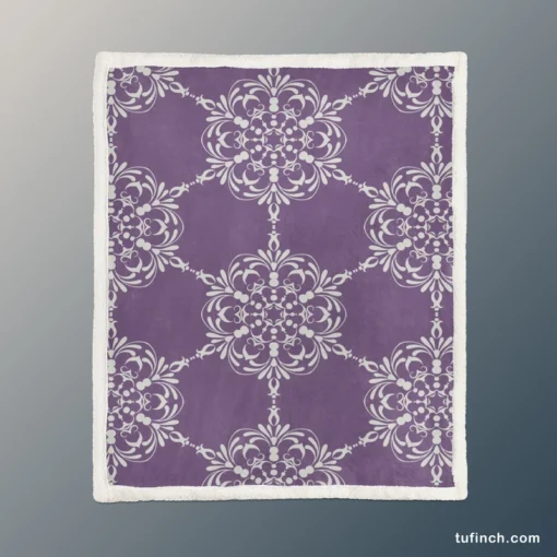 Abstract Silver Floral Damask On Purple Sherpa Fleece Blanket 1