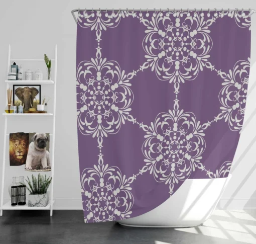 Abstract Silver Floral Damask On Purple Shower Curtain