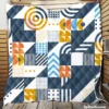 Aegean Blue Geometric Mosaic Pattern Design Quilt Blanket