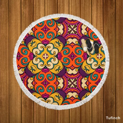 African Falk Art Pattern Round Beach Towel