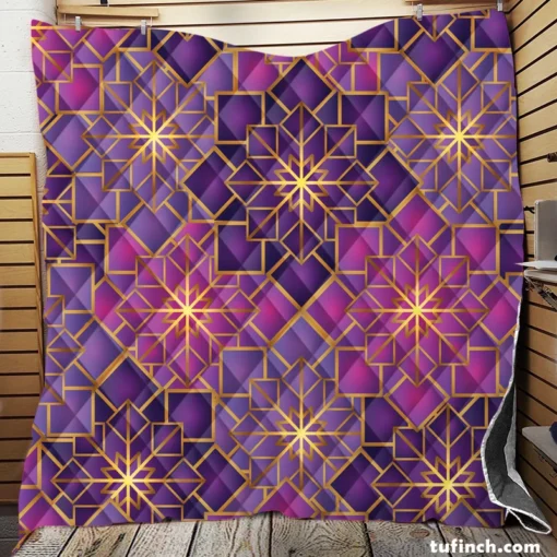 Arabic Geometric Purple Gold Gradient Quilt Blanket