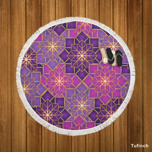 Arabic Geometric Purple Gold Gradient Round Beach Towel