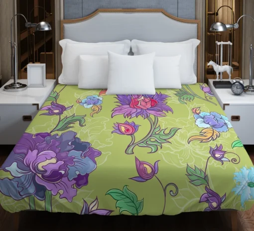 Asian Floral Purple Lotus Pattern Duvet Cover