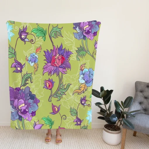 Asian Floral Purple Lotus Pattern Fleece Blanket