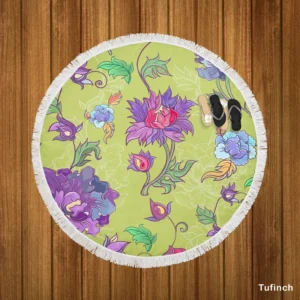 Asian Floral Purple Lotus Pattern Round Beach Towel