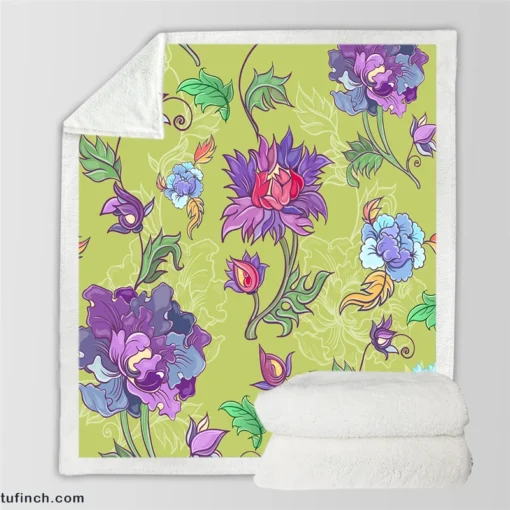 Asian Floral Purple Lotus Pattern Sherpa Fleece Blanket