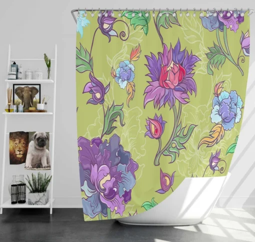 Asian Floral Purple Lotus Pattern Shower Curtain