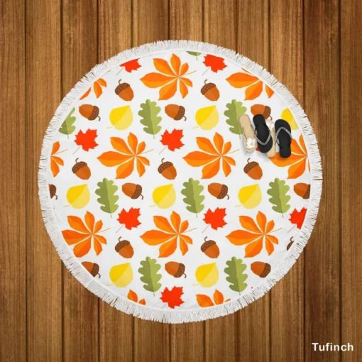 Autumn Leaves And Acorn Nut Round Beach Towel