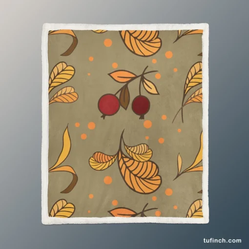 Autumn Leaves Berries Herb Vector Sherpa Fleece Blanket 1