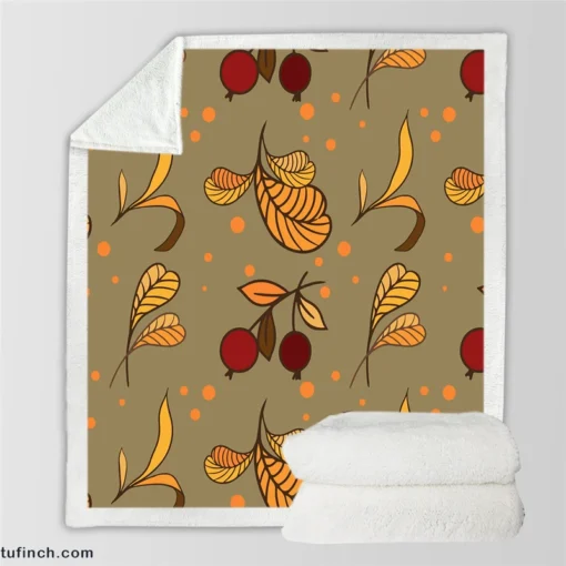 Autumn Leaves Berries Herb Vector Sherpa Fleece Blanket