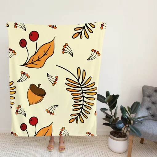 Autumn Rowan Berries Acorn Pattern Fleece Blanket