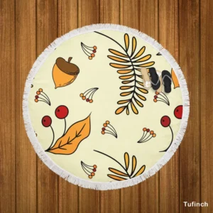 Autumn Rowan Berries Acorn Pattern Round Beach Towel