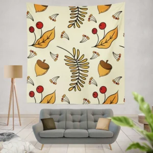 Autumn Rowan Berries Acorn Pattern Wall Tapestry