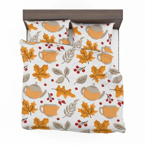 Autumn Season Teapot Berry Maple Leaves Bedding Set 2