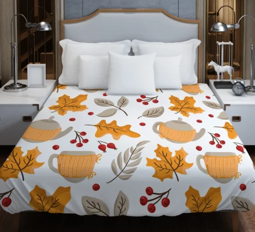 Autumn Season Teapot Berry Maple Leaves Duvet Cover