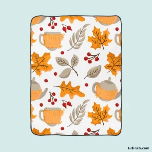 Autumn Season Teapot Berry Maple Leaves Fleece Blanket 1