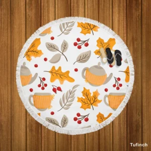 Autumn Season Teapot Berry Maple Leaves Round Beach Towel