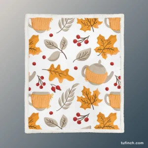 Autumn Season Teapot Berry Maple Leaves Sherpa Fleece Blanket 1