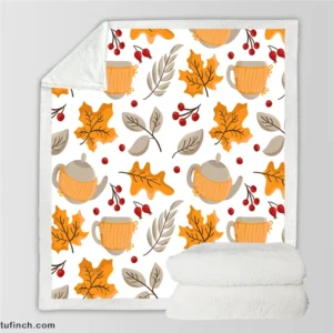 Autumn Season Teapot Berry Maple Leaves Sherpa Fleece Blanket