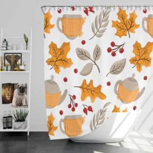 Autumn Season Teapot Berry Maple Leaves Shower Curtain