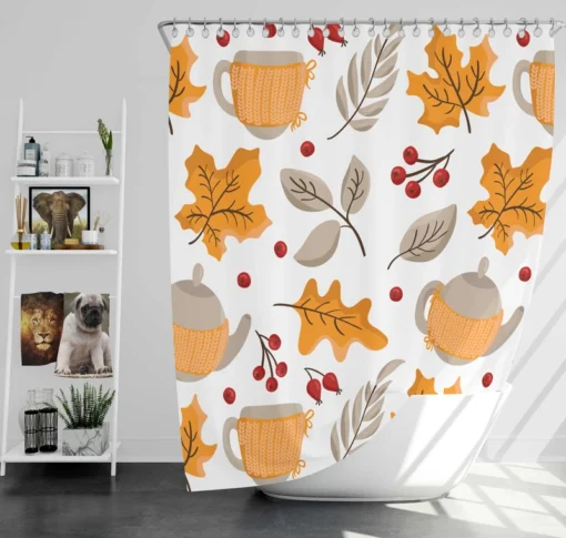 Autumn Season Teapot Berry Maple Leaves Shower Curtain