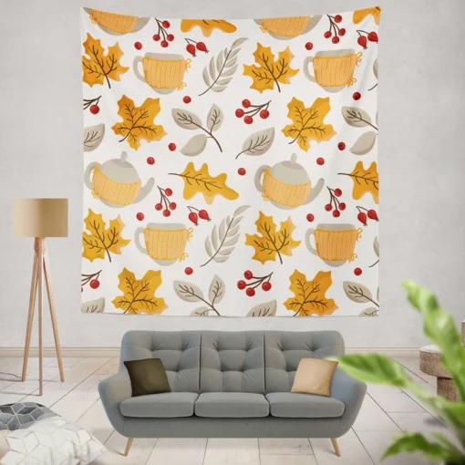 Autumn Season Teapot Berry Maple Leaves Wall Tapestry