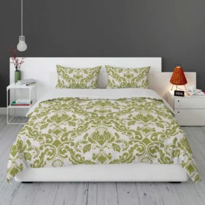 Avocado Green Damask Pattern Bedding Set 1