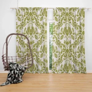 Avocado Green Damask Pattern Curtain