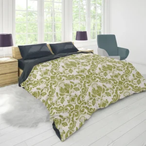 Avocado Green Damask Pattern Duvet Cover 1