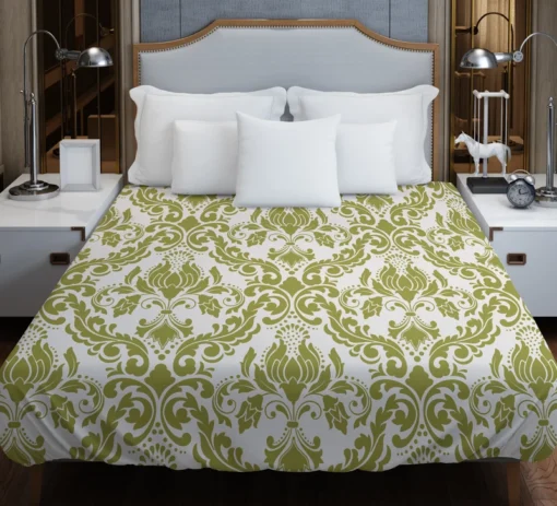 Avocado Green Damask Pattern Duvet Cover