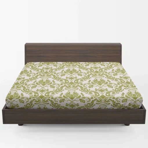 Avocado Green Damask Pattern Fitted Sheet 1