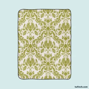 Avocado Green Damask Pattern Fleece Blanket 1