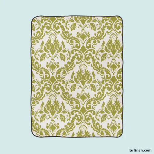 Avocado Green Damask Pattern Fleece Blanket 1