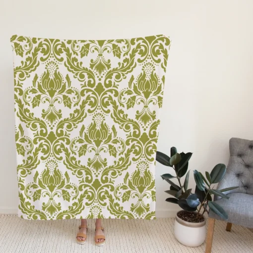 Avocado Green Damask Pattern Fleece Blanket