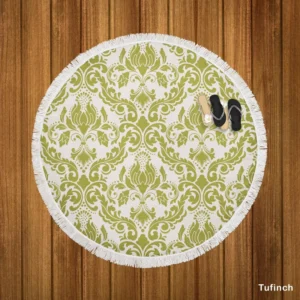 Avocado Green Damask Pattern Round Beach Towel