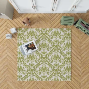 Avocado Green Damask Pattern Rug