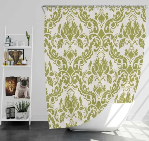 Avocado Green Damask Pattern Shower Curtain