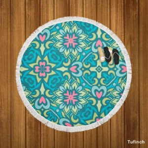 Ball Blue Pink Mexican Talavera Pattern Round Beach Towel