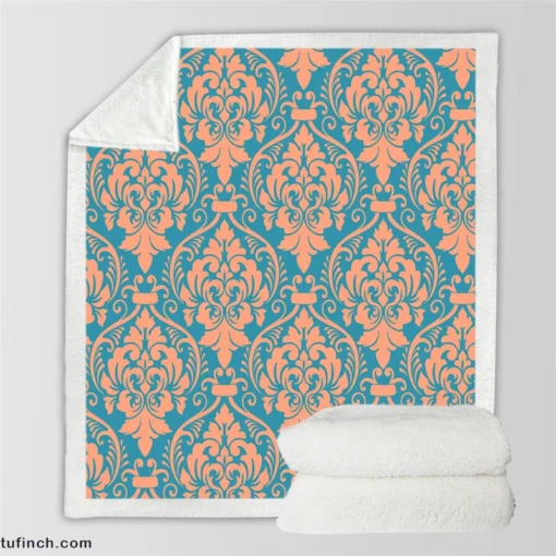 Baroque Orange Colored Damask Sherpa Fleece Blanket