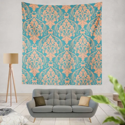 Baroque Orange Colored Damask Wall Tapestry