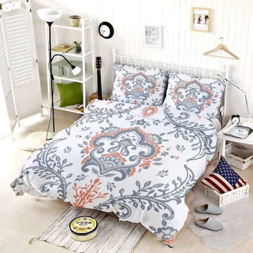 Beautiful Blue Orange Floral Design Bedding Set