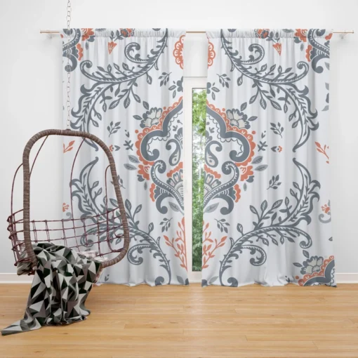 Beautiful Blue Orange Floral Design Curtain